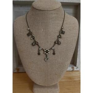 Vintage Bling & Faux Pearl Floral Necklace Antiqued Brasstone